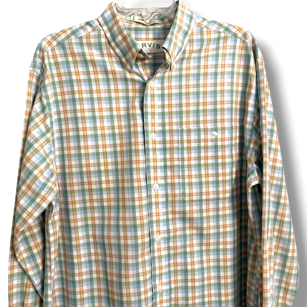 Orvis Mens Cream Green Orange Plaid Button Down Shirt Long Sleeve Cotton Medium